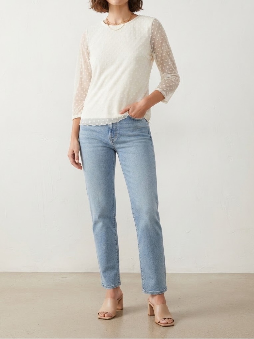 Taylor White Swiss Dot Round Neck Blouse